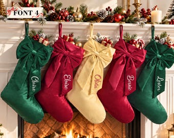 Kids Personalized Christmas Stocking with Velvet Bow, Custom Name Embroidery, Soft Christmas Stocking for Girls and Boys, Holiday Decor