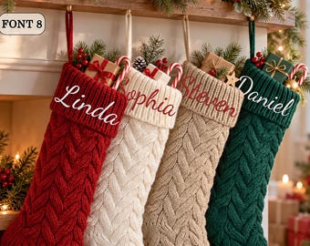 Personalized Knit Christmas Stocking, Cable Knit with Custom Embroidered Name, Family Mantel Decor, Font & Thread Color Options 2026