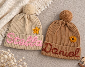 Personalized Baby Winter Beanie, Custom Name Embroidered Knit Hat, Soft Ribbed Pom Pom Cap with Rainbow Daisy, Toddler Holiday Gift