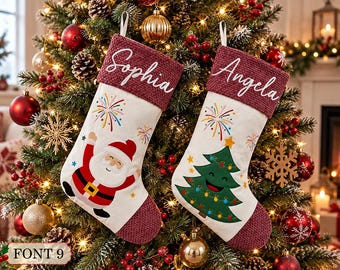 Personalized Kids Christmas Stocking, Embroidered Name Holiday Stocking, Cute Dog Cat Penguin Santa Design, Christmas Gift for Kids