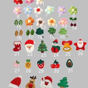 May include: A set of 35 crocheted embellishments, including flowers, leaves, Christmas-themed designs, and fruit. The embellishments are made in various colours, including red, green, white, yellow, and pink.