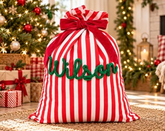 Large Personalized Christmas Bag, Custom Name Crochet Lettering, Striped Santa Gift Sack with Velvet Bow, Reusable Holiday Gift Wrap