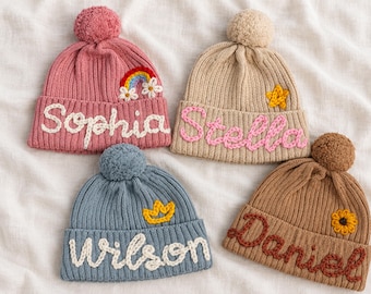 Personalized Kids Knit Beanie, Custom Embroidered Name Pom Pom Hat, Rainbow Daisy Winter Hat for Toddler Girls, Cute Cozy Birthday Gift
