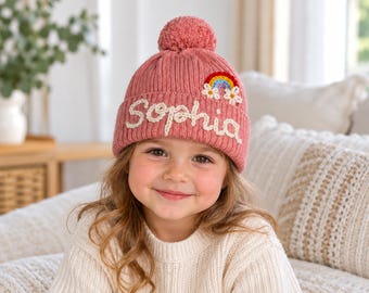 Rainbow Daisy Kids Beanie, Personalized Name Knit Hat with Flower Applique, Colorful Pom Pom Winter Cap for Toddler Girls, Cute Gift