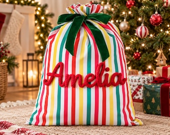 Custom Christmas Sack with Name, Personalized Striped Gift Bag with Velvet Bow, Crochet Lettering, Large Reusable Holiday Santa Sack