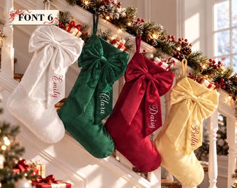 Family Christmas Stockings Personalized, Embroidered Velvet Bow Stocking with Name, Matching Holiday Mantel Decorations, Custom Xmas Gift