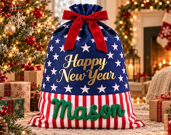Personalized Christmas Gift Sack, Large Striped Drawstring Santa Bag with Velvet Bow, Crochet Name, Holiday Gift Bag, Reusable Present Sack