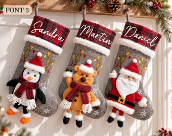Animal Christmas Stocking, Personalized Name Embroidered Stocking, Cute Penguin Elk Polar Bear Holiday Decor, Handmade Xmas Gift for Kids