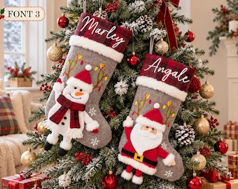 Personalized Kids Christmas Stocking, Cute Santa Snowman Penguin Stocking, Custom Name Embroidered Holiday Decor,Christmas Gift for Children