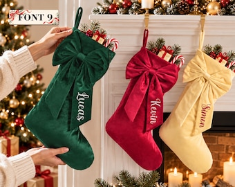 Velvet Bow Christmas Stocking Personalized with Embroidered Name, Elegant Fireplace Decor, Custom Holiday Stocking Gift for Family