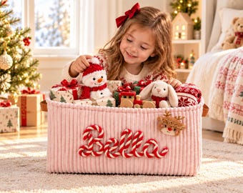 Personalized Christmas Basket with Name, Christmas Eve Basket for Kids, Custom Holiday Storage Bin, Baby Holiday Gift, Festive Toy Organizer