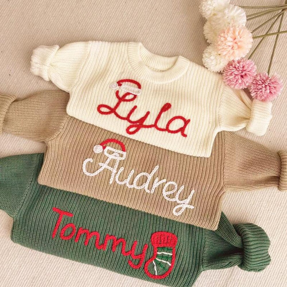 Children Sweater Custom Baby Christmas Sweater,Hand Embroidered Children Name,Personalized Kids Name Christmas Jumpsuit,100% Cotton Sweater,Christmas Gifts Embroidered Sweater Gifts For Day Shirthome