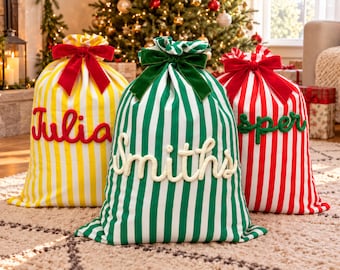 Personalized Santa Sack, Striped Christmas Gift Bag with Velvet Bow, Custom Crochet Name, Large Drawstring Gift Bag for Family Holidays