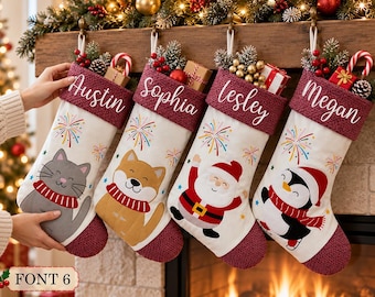 Personalized Christmas Stocking, Custom Embroidered Name Stocking, Cute Character Holiday Stocking, Family Christmas Mantel Decor, Xmas Gift