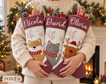 Custom Christmas Stocking with Name, Embroidered Holiday Stocking, Personalized Family Stocking, Cute Santa Reindeer Snowman Xmas Decor