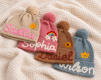 Custom Name Toddler Beanie, Personalized Ribbed Knit Pom Pom Hat with Rainbow Flowers, Embroidered Kids Winter Cap, Sweet Gift for Girls