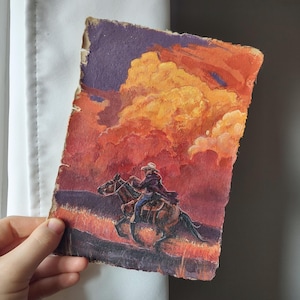 THUNDERHEAD Original Cowboy Sunset Painting - Wild West Artwork, 6x8 Canvas