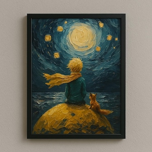 Póster de El Principito - Arte mural de cielo estrellado inspirado en El Principito y El Zorro - Guardián de los Planetas - Ilustración del Espacio y la Galaxia
