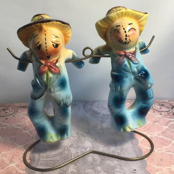 Scarecrows Salt n Pepper Shakers,Japan Vintage Collectible,Miniature Ceramics,Harvest Kitchenware,Farm Decor Gift,KaGrannaPaintgarden