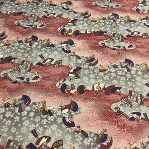 May include: Fabric with a repeating pattern of Japanese fans in shades of burgundy, gold, and purple. The fans are set against a background of gray and pink with white floral accents, creating a textured effect.