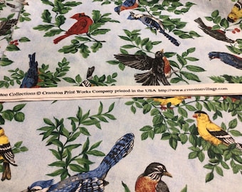 Birds on Branches Fabric,22”x43” Remnant,Backyard Nature,Cranston Print,Woven Cotton