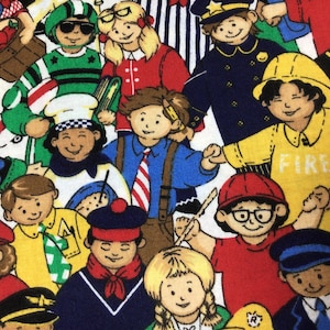 May include: A colorful fabric pattern featuring cartoon illustrations of children dressed in various professions. The characters include a firefighter, police officer, chef, and others, all smiling. The background is a mix of red, blue, and white.