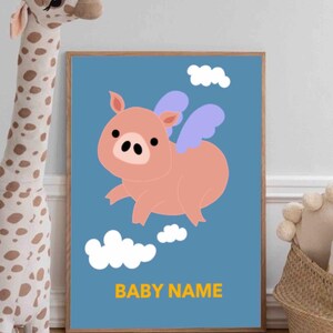 Fliegendes Schwein Personalisiertes Kinderzimmer Kunst - Personalisiertes Baby Name Poster zum Ausdrucken