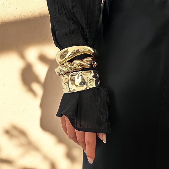 Cuff Bracelets,gold Bangles,abstract Cuff Bracelet Set,wide