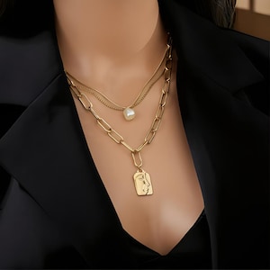 Layered Necklaces,Gold Chain Necklace,Tiny Gold Set of 3 Necklaces,Minimalist Necklace,18K Gold Plated Chunky Necklace,Necklace for women