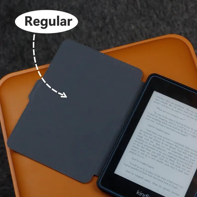 May include: A dark gray Kindle case with a black e-reader, open to a page of text. The case is on an orange tray. The word "Regular" is in a white oval in the upper left corner.