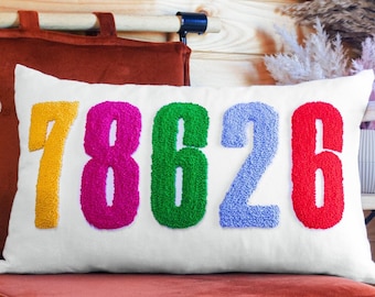 Custom Zip Code Embroidered Pillow Cover, Personalized Punch Needle Pillow, Area Number Pillow, New Home Gift, Lumbar Pillow for Sofa