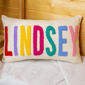 Personalize Baby Name Embroidered Pillow Cover for Kid, Custom Punch Needle Pillow, Lumbar Pillow for Nursery, Custom Throw Pillow