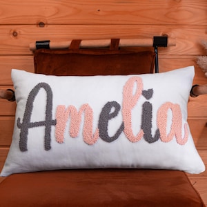 Custom Name Embroidered Pillow Case, Personalized Punch Needle Pillow, Lumbar Pillow Cover for Baby Shower Gift, Personalise Gift for Kid