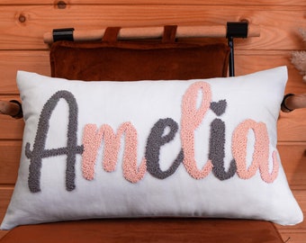 Custom Name Embroidered Pillow Case, Personalized Punch Needle Pillow, Lumbar Pillow Cover for Baby Shower Gift, Personalise Gift for Kid
