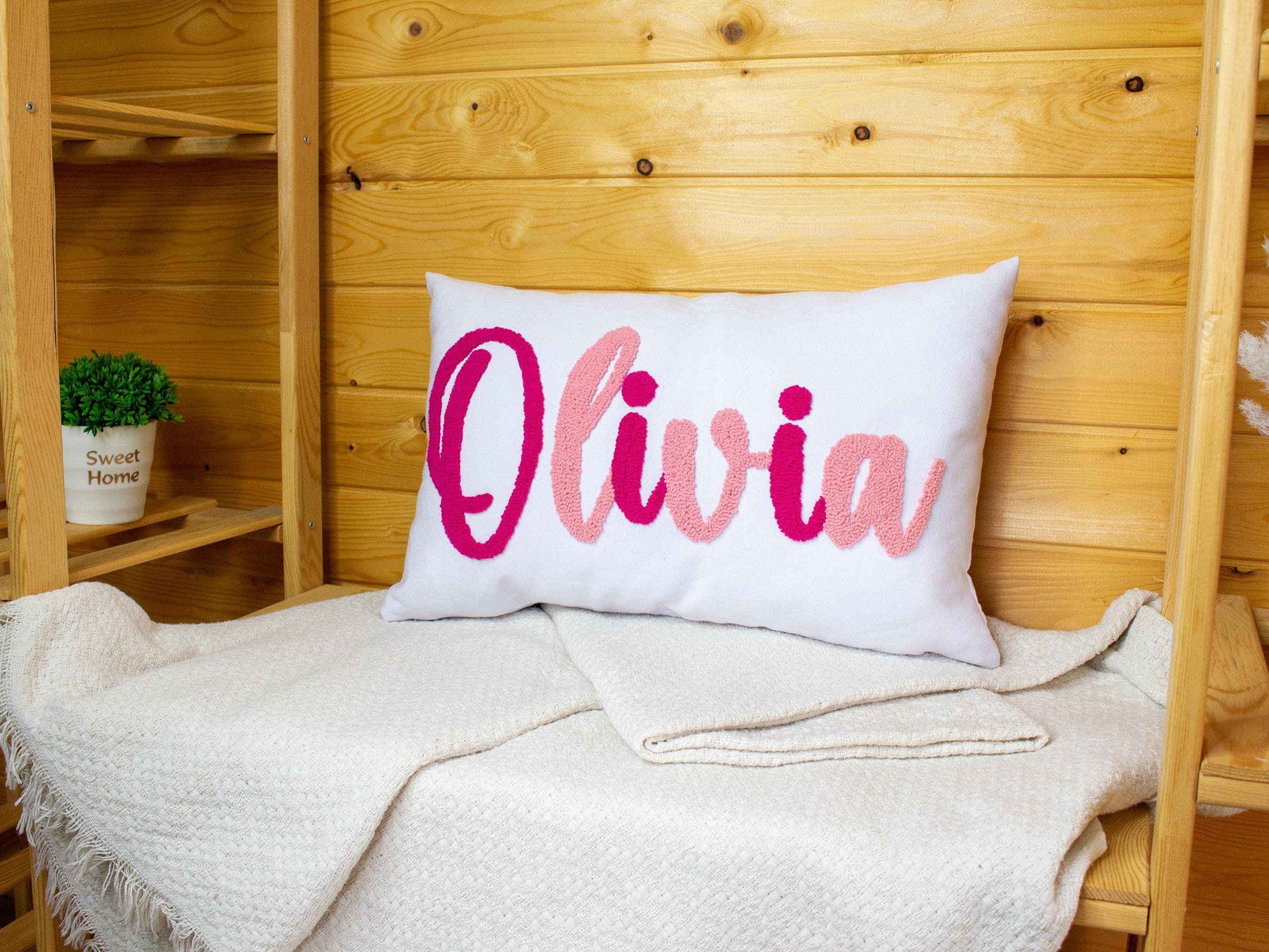Custom Punch Needle Pillow Cover, Personalize Name Embroidered Pillow, Custom Baby Gift, Personalized Birthday Gift, Kids Room Decor