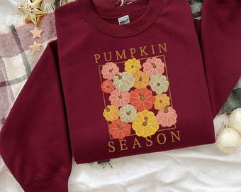 Pumpkin Season Fall Embroidered Crewneck,  Autumn Cozy Sweatshirt , Thanksgiving Pumpkin Shirt, Retro Fall Vibes, Boho Pumpkin Season Gift