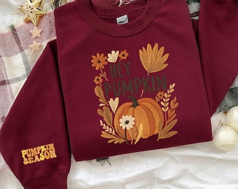 Hey Pumpkin Embroidered Sweatshirt, Fall Shirt For Women Thanksgiving Shirt, Hey Pumpkin Shirt, Boho Floral Fall Tee,  Retro Autumn Pumpkin