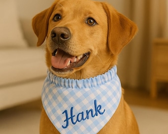 Personalized Gingham Dog Bandana with Elastic – Custom Checkered Pet Scarf for Dogs and Cats – Embroidered Pet Name Bandana. Love Dogs, Cats
