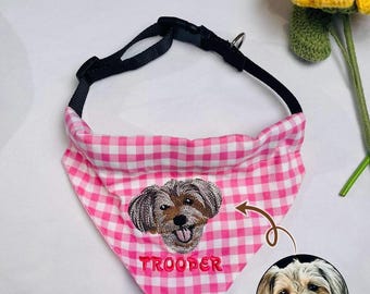 Custom Pet Photo EMBROIDERED Pet Bandana with Elastic – Custom Checkered Pet Scarf for Dogs and Cats – Embroidered Pet Name Bandana