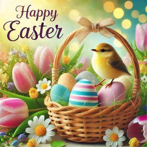 Happy Easter Greeting Card 10 JPEG High Res, Easter Eggs Clipart, Easter Basket with Eggs Digital Download, Easter Greetings with Bird JPEG
