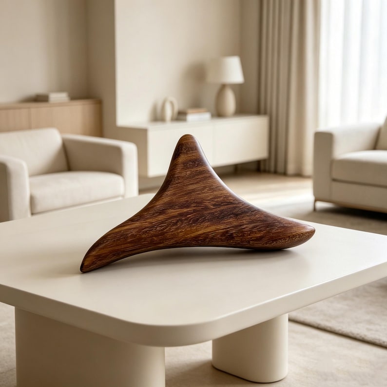 May include: A large, abstract wooden sculpture with a triangular shape and a rich, dark brown wood grain. The sculpture is displayed on a cream-colored square coffee table in a modern living room setting. The sculpture's dimensions are approximately 24 inches long and 12 inches high.