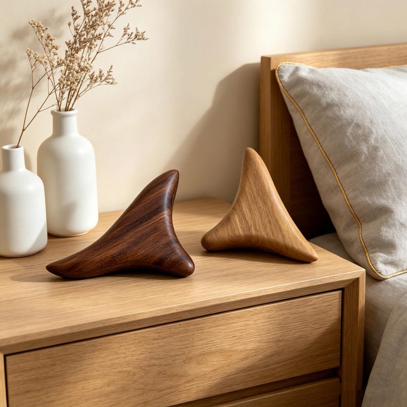 May include: Two wooden massage tools, one dark brown and one light brown, sit on a wooden nightstand. The tools have a curved, triangular shape. Two white vases with dried flowers are in the background.
