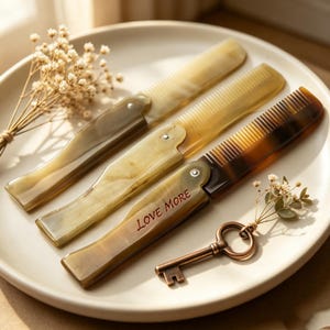 May include: Three folding combs with smooth, translucent horn-like handles in varying shades of beige, cream, and dark brown. The bottom comb features the engraved text LOVE MORE. A small metal key and dried white flowers are placed nearby.