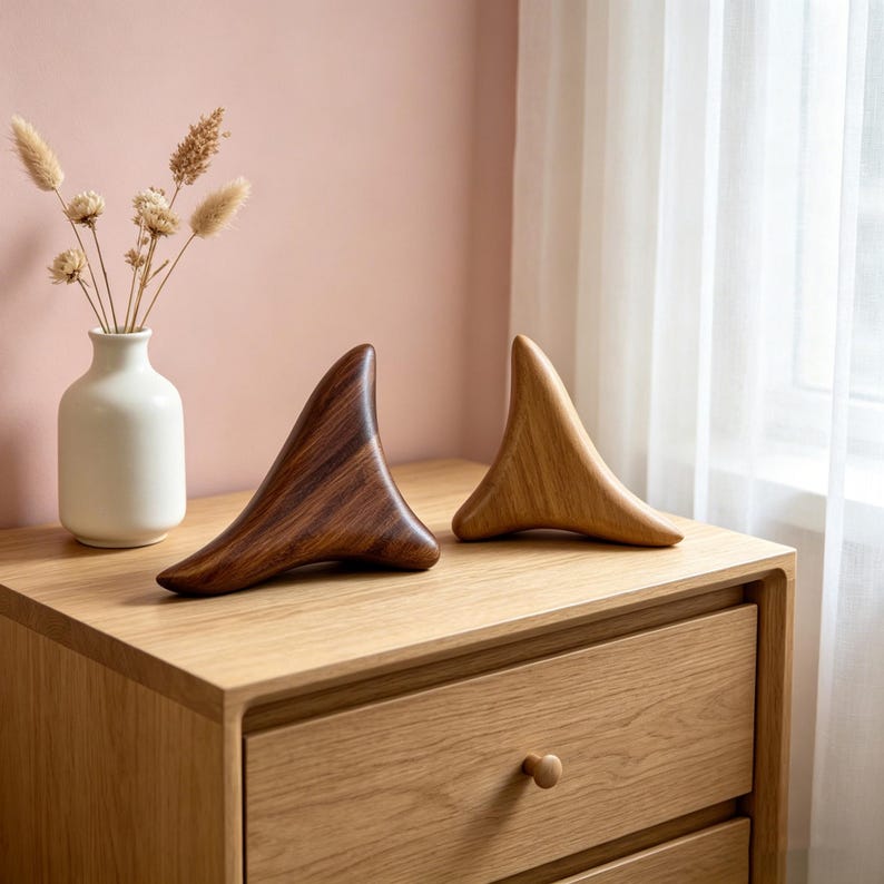 May include: Two wooden sculptures with a curved, abstract design sit on a light wood nightstand. One is a dark brown, the other a light tan. A small white vase with dried flowers is to the left. The background is a soft pink wall and a sheer white curtain.