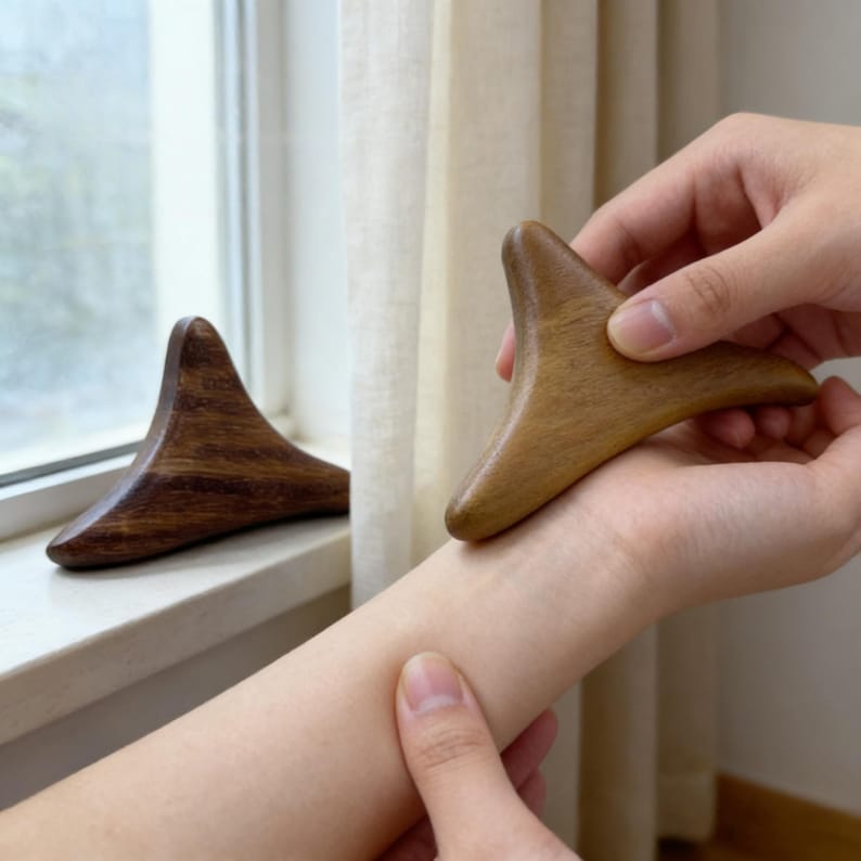 May include: A wooden gua sha tool with a triangular shape and rounded edges. The tool is held against a person's arm. Another gua sha tool sits on a windowsill. The tools are made of a light brown wood.