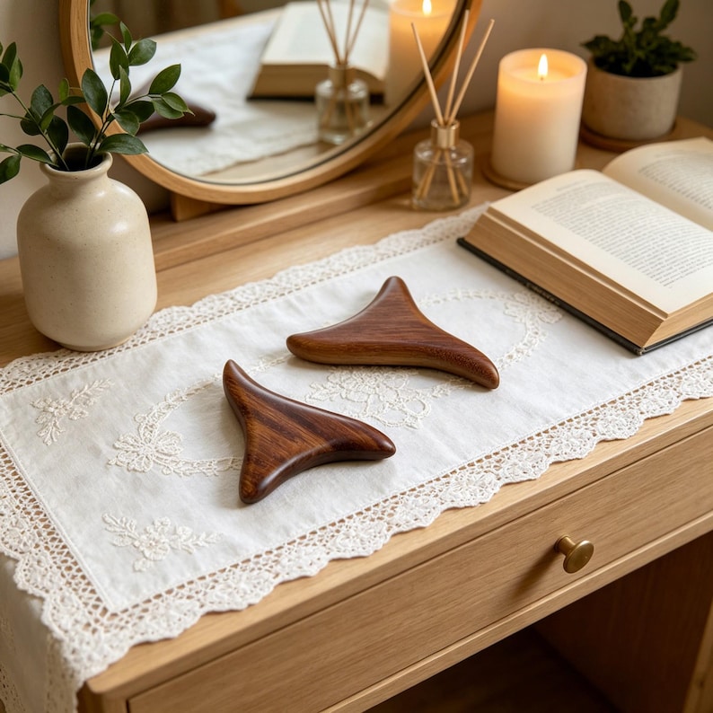 May include: Two wooden gua sha tools with a triangular shape, displayed on a white lace runner atop a wooden dresser. The tools are a rich brown color, and the runner has delicate floral embroidery. A mirror, candles, and a book are also visible.