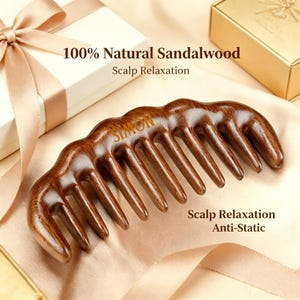 May include: A dark brown sandalwood comb with wide teeth, featuring the word "SIMON" engraved on the handle. The comb is labeled "100% Natural Sandalwood" and "Scalp Relaxation" in white text. The comb is designed for scalp relaxation and is anti-static.