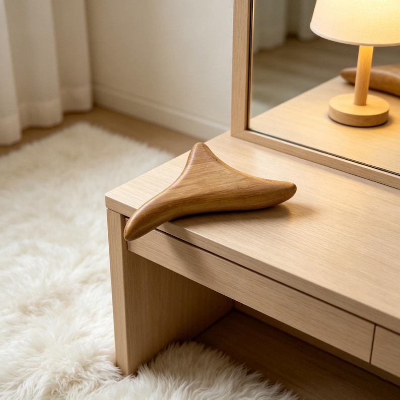 May include: A wooden gua sha tool with a smooth, curved design rests on a light-colored wooden vanity. The tool is a warm, natural brown color. The vanity has a built-in mirror and a small lamp.