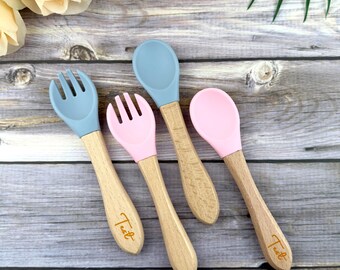 Set de alimentación para bebé personalizado: cucharas de silicona y utensilios de madera, regalo de BLW