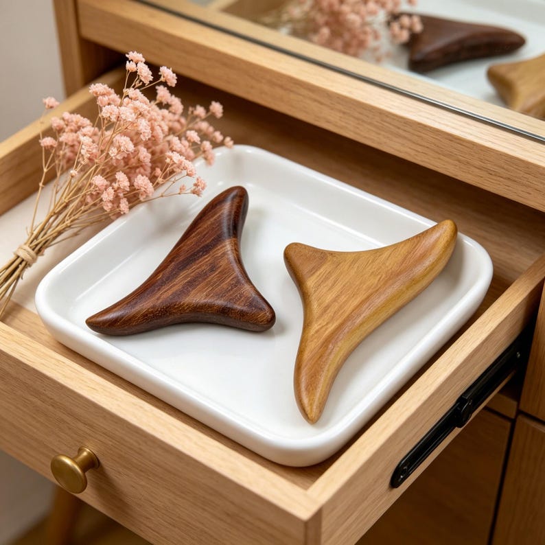 May include: Two wooden gua sha tools, one dark brown and one light brown, rest on a white ceramic tray. The tools are triangular with curved edges. The tray sits inside a wooden drawer, with a small bouquet of pink flowers in the background.